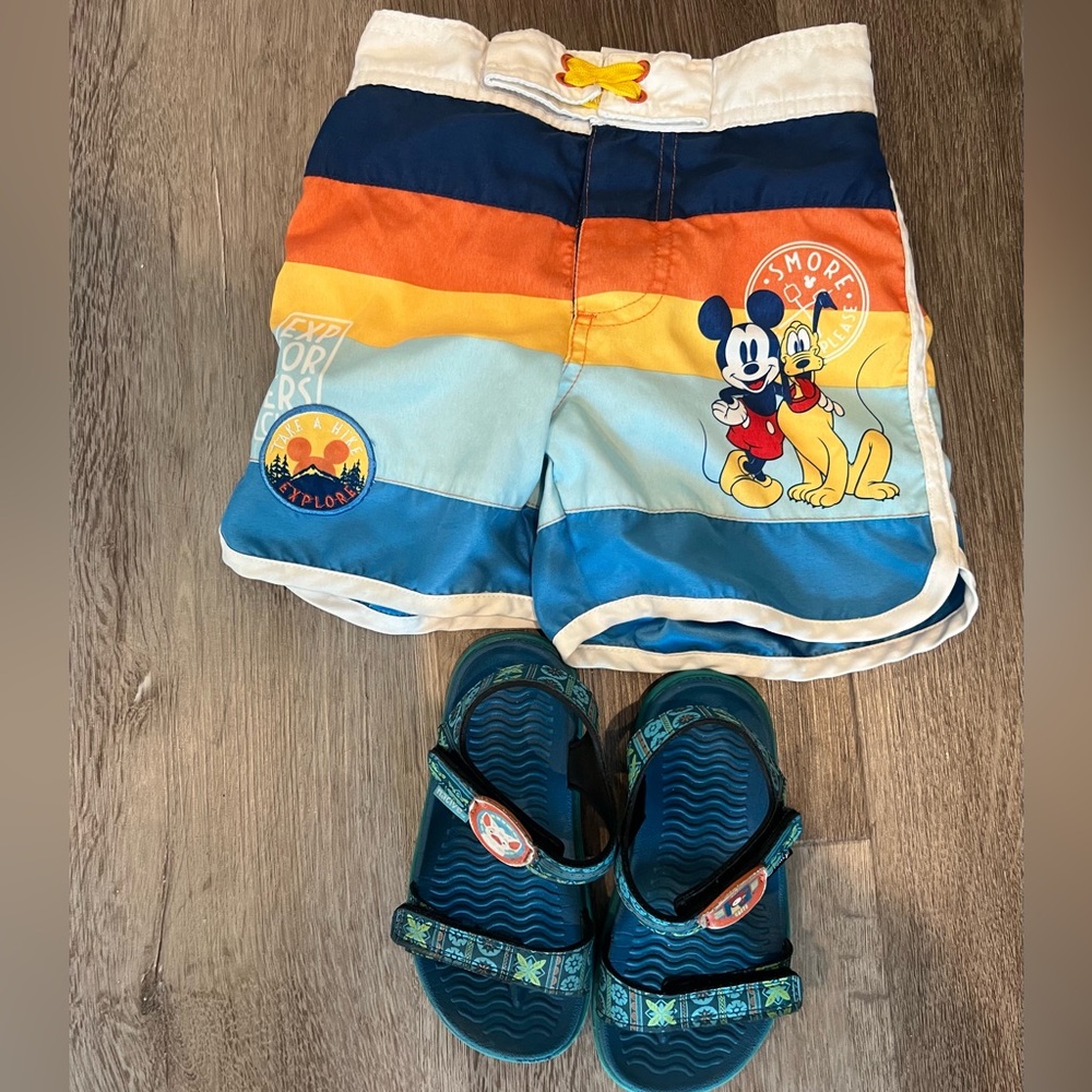 Native sandals Disney and swim trunks